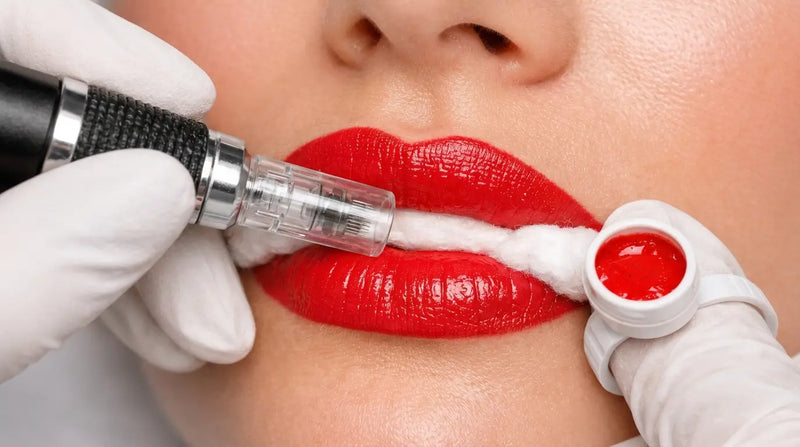 Dermopigmentation des lèvres pour un maquillage permanent, bouche pulpeuse, image professionnelle B2B pour formation esthétique